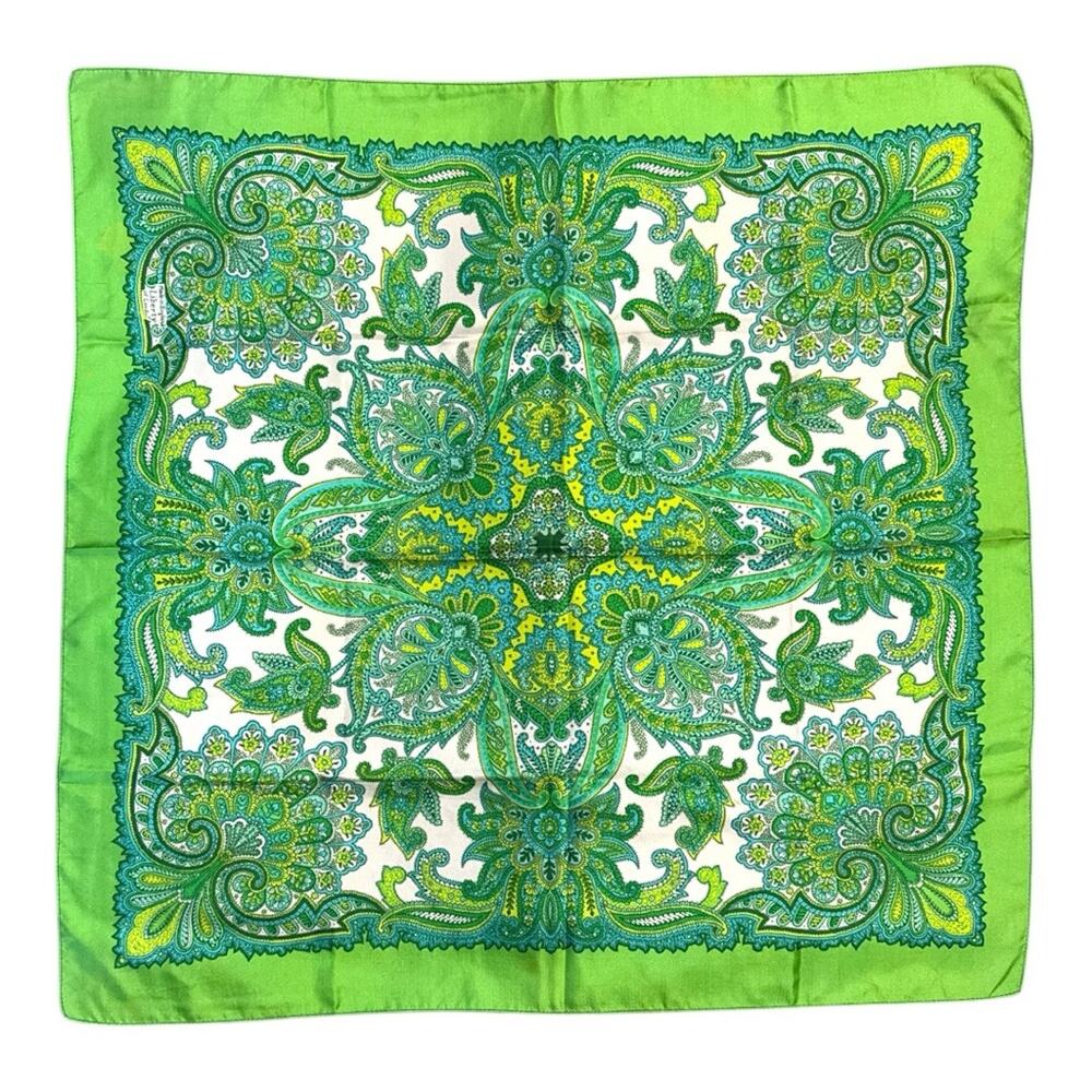 Vintage Green Paisley Square Scarf Boho Floral Hair Neck Head Wrap